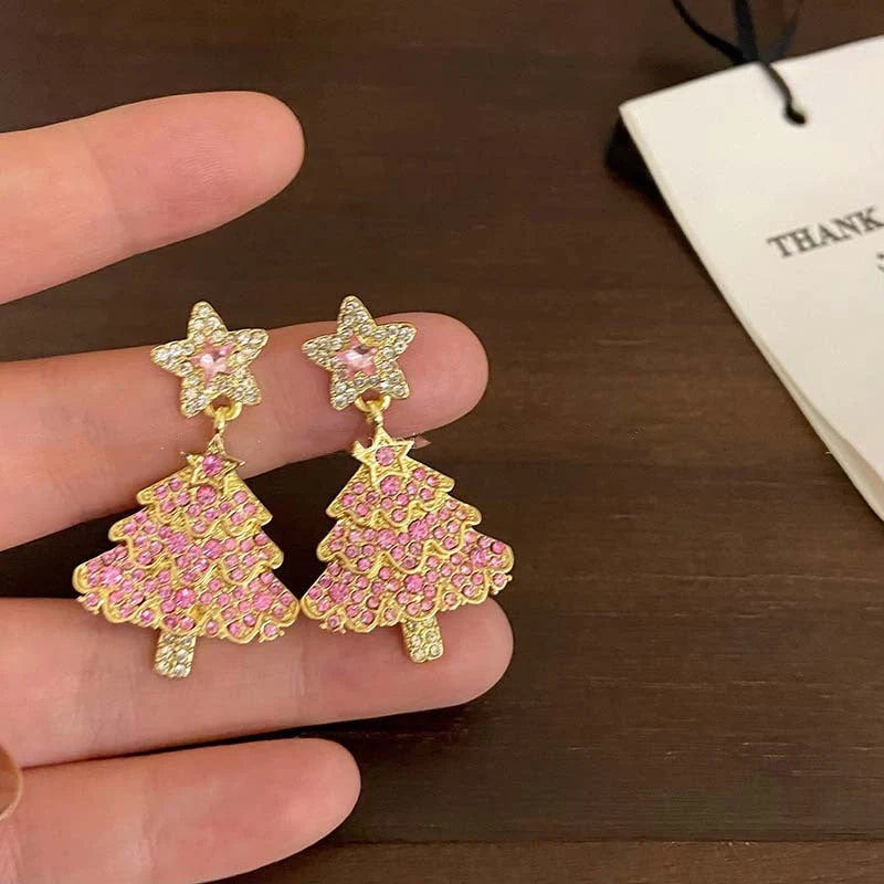 Pink Christmas tree earrings with sparkling zircon details, perfect for holiday parties