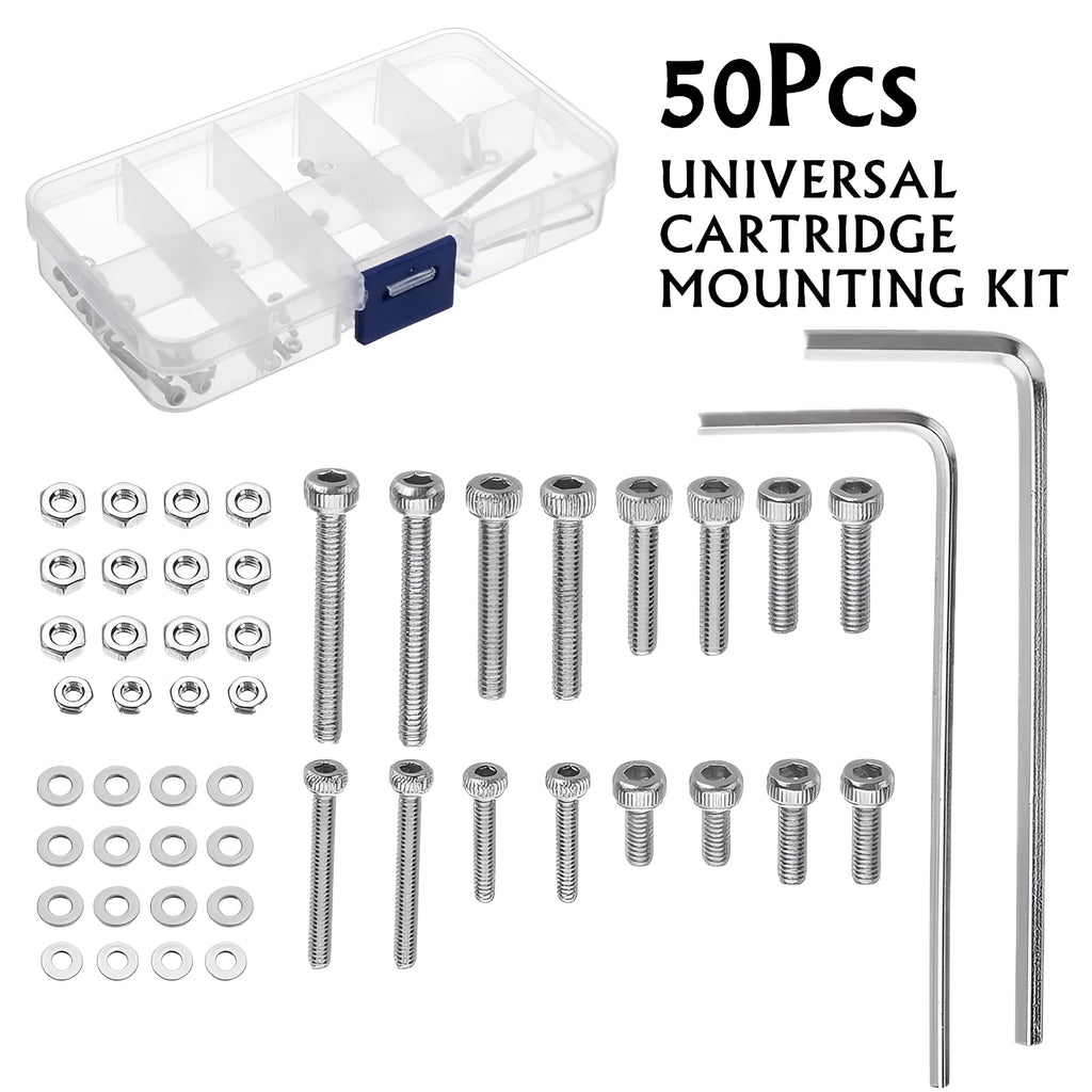 Stainless steel cartridge mounting kit with allen bolts, nuts, washers, and keys for turntable
