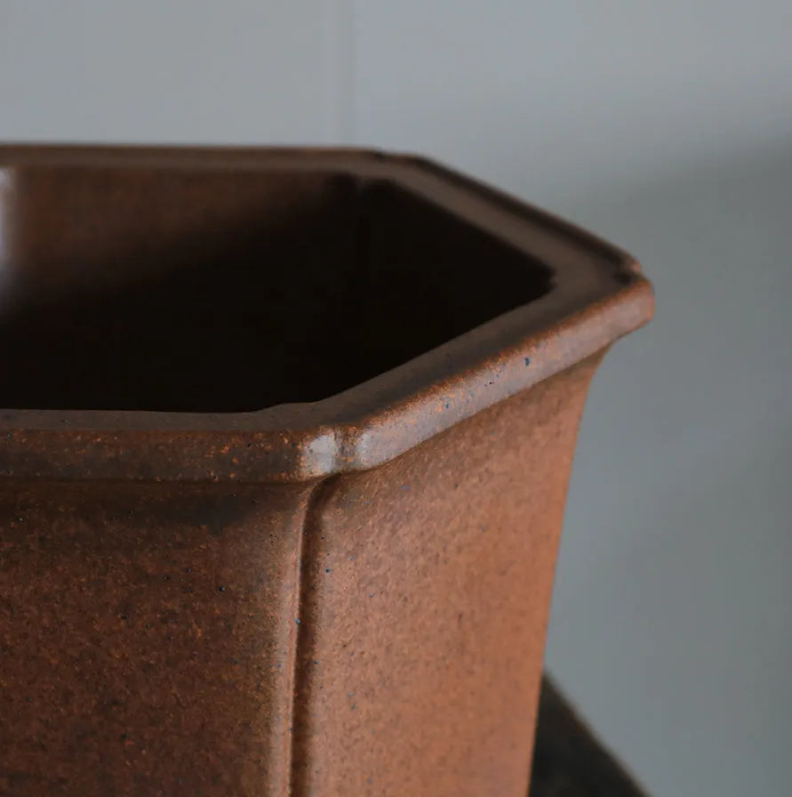 Antique-style hexagonal ceramic orchid bonsai pot with purple sand craft, squared off hexagon shape, classical finish