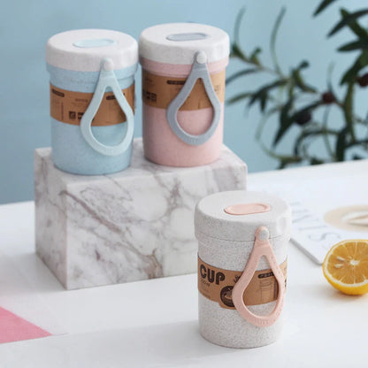 Portable wheat cup with silicone vent valve in Nordic blue, flour, and rice colours