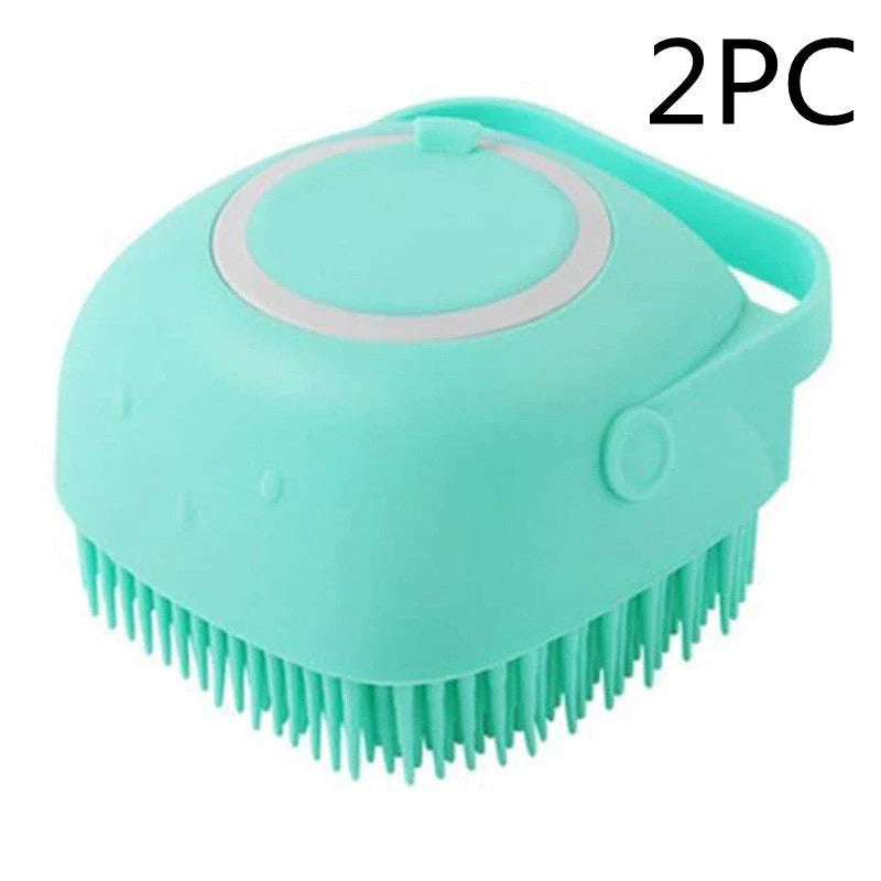 Premium silicone pet grooming brush with soft bristles, shampoo reservoir, and ergonomic handle for gentle, effective pet bathing and massage