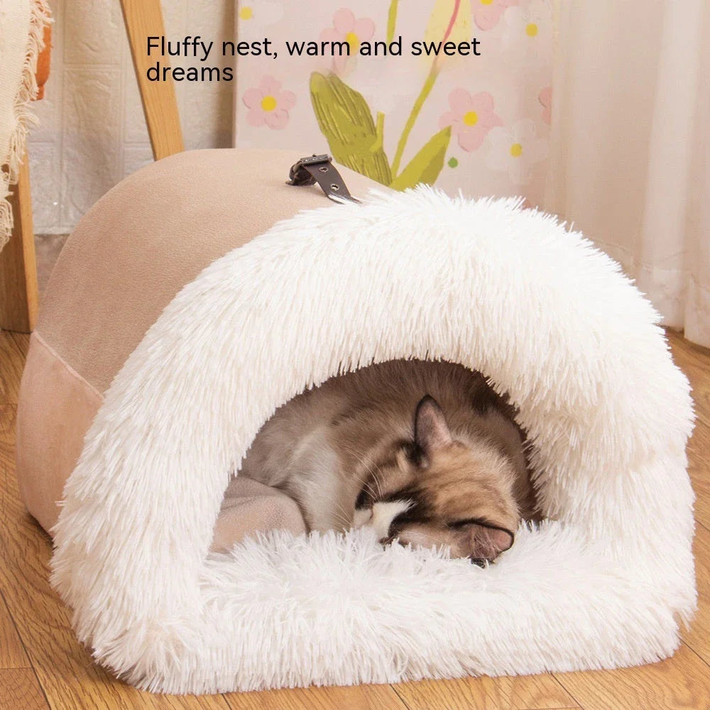 Cozy Canine Retreat: Portable plush pet bed with semi-enclosed design, perfect for dogs and cats during autumn and winter seasons