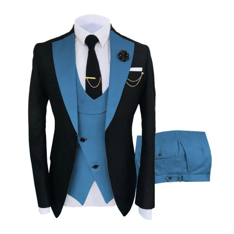 Men's slim fit three-piece cotton suit in a black-based colour for wedding or business wear.