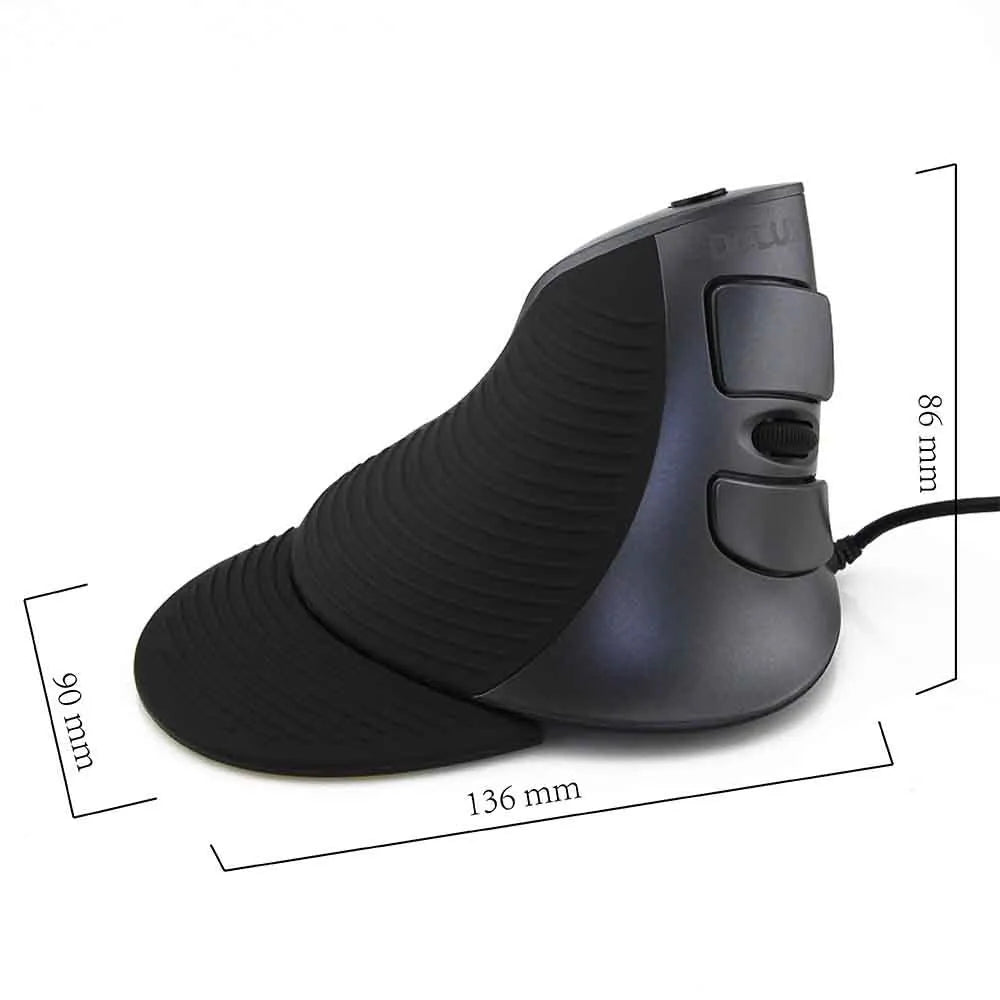 Black and white ergonomic vertical mouse with wired USB cable on a desktop.