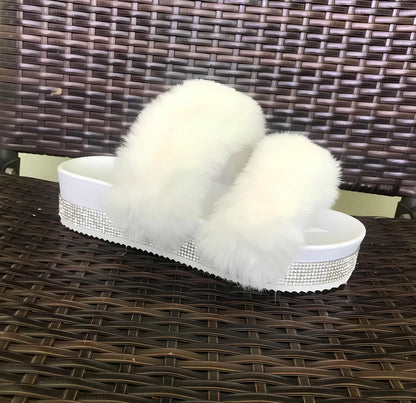 Women's bling reversible fur slide slippers in black with 6-8cm wedge heel, rhinestone accents, and non-slip sole