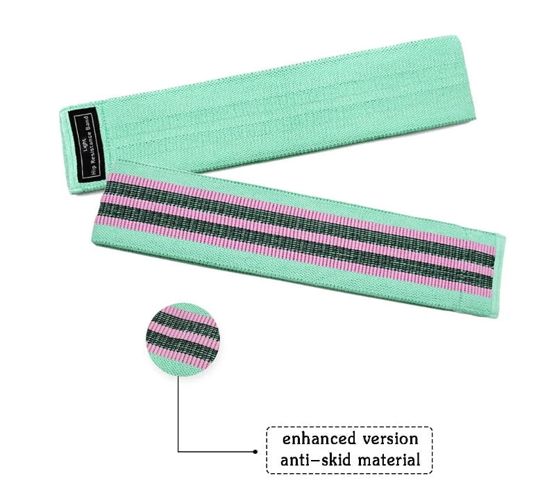Latex mesh squat resistance band in lake blue, pink, and purple for hip and leg strengthening