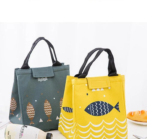 Insulated picnic mini handbag in yellow, light grey, dark grey, and navy blue with cartoon design