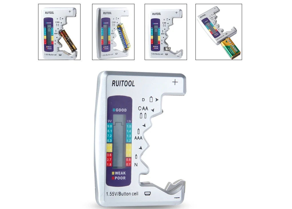Universal digital battery tester for AA, AAA, 9V, and button cells with LCD display