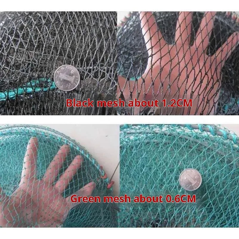 Spring Fishing Folding Basket Turtle Cage in green nylon mesh, folded and ready for use