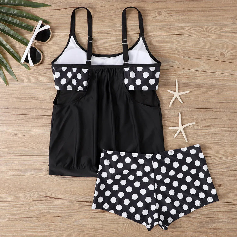 Women's high-waisted polka dot boxer swimsuit in black, available in sizes S to 5XL.