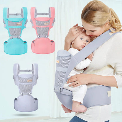 Multifunctional baby carrier waist stool in pink, gray, and blue for comfortable child sitting