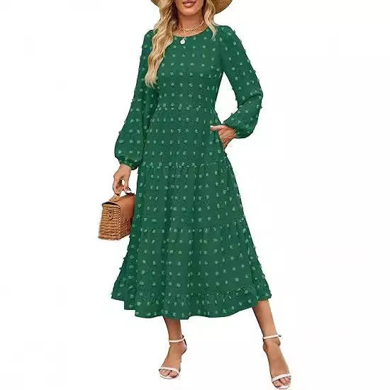 Women's long sleeve casual dress with ruffle sleeves and high waist in a solid colour