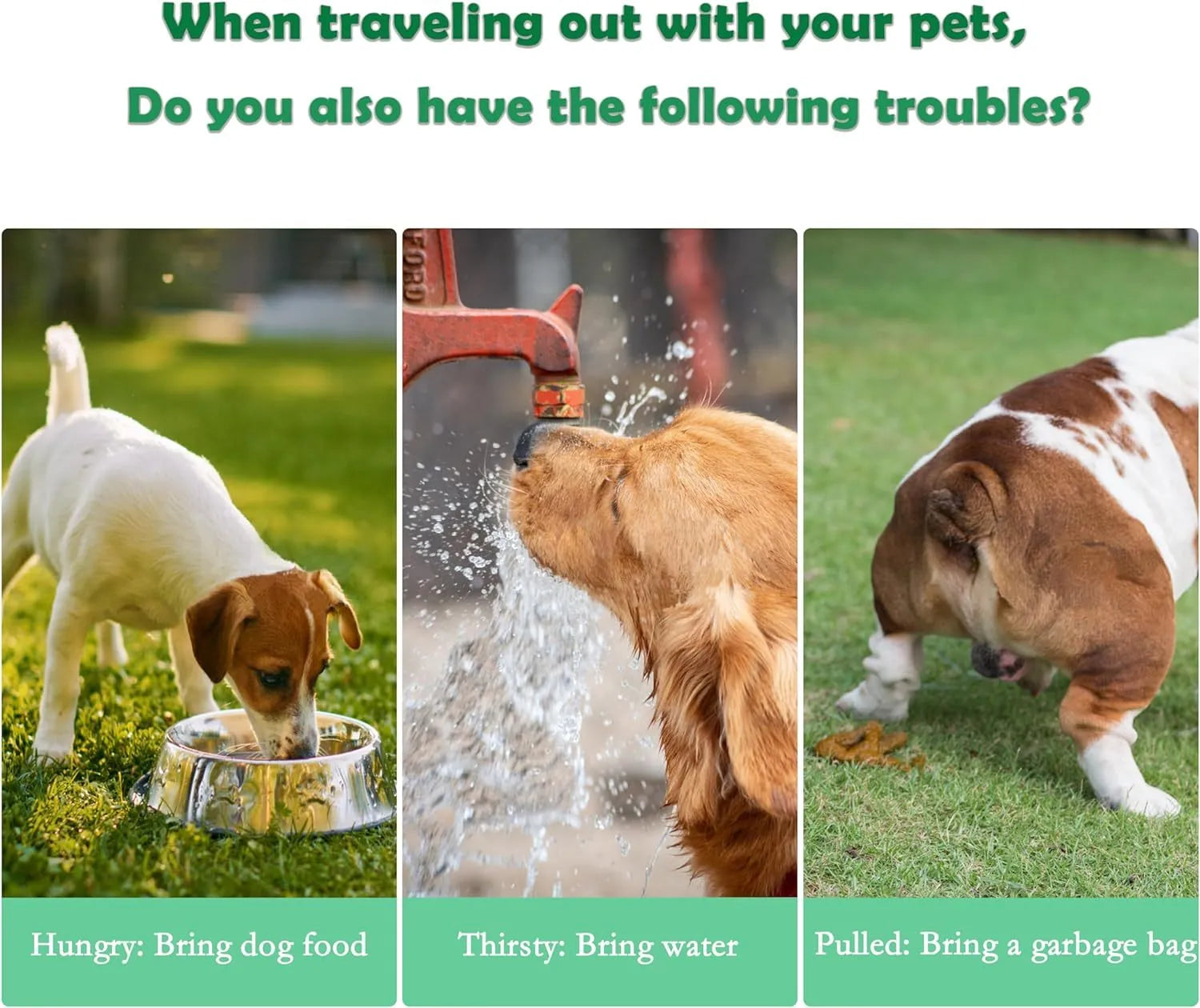 Green, pink, or white 3-in-1 portable pet water bottle with food container and garbage bag dispenser and shoulder strap.