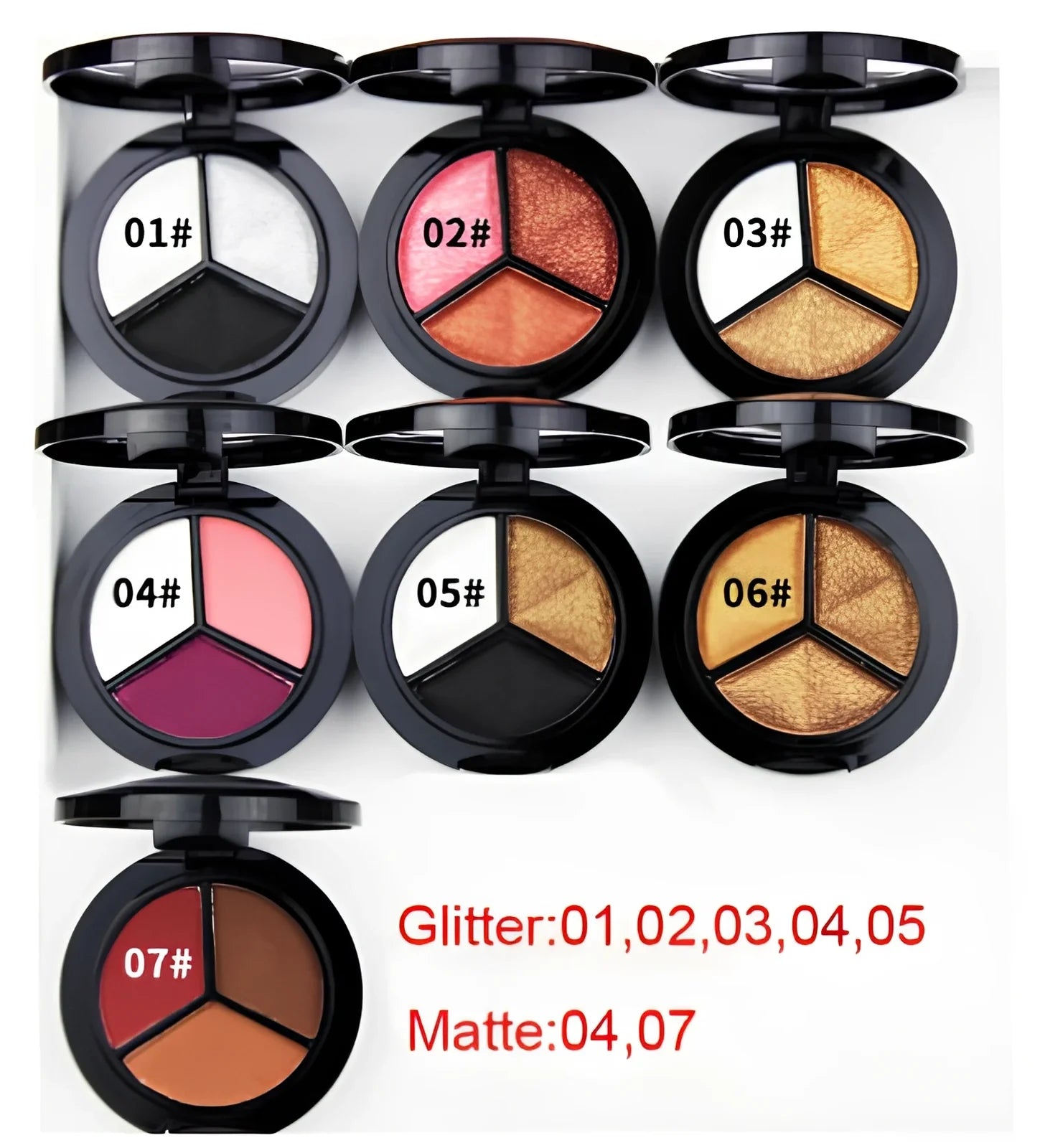 Three-colour eyeshadow palette 5cm diameter with mirror and brush, 0.022kg weight in OPP bag