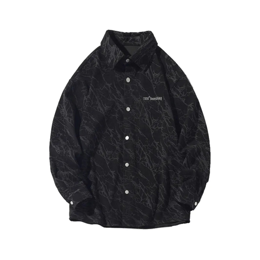 Men's embroidered corduroy shirt cardigan loose fit long sleeves black green front view