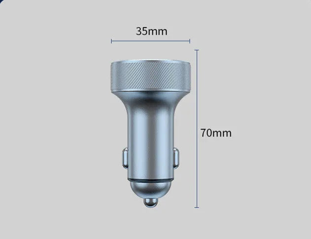 Black aluminium alloy car charger with digital display showing voltage and three cigarette lighter sockets