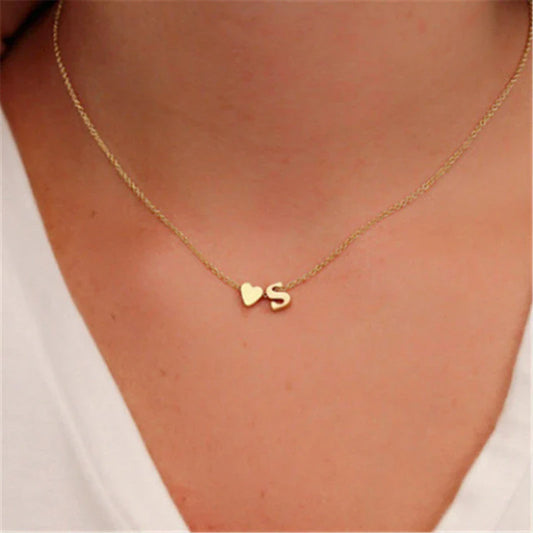 Heart-shaped letter pendant necklace with clavicle chain design in gold and silver tones