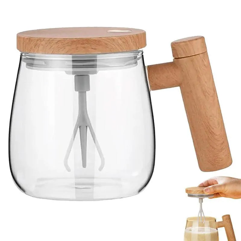 400ml automatic self-stirring coffee mug in borosilicate glass with electric mixing button.