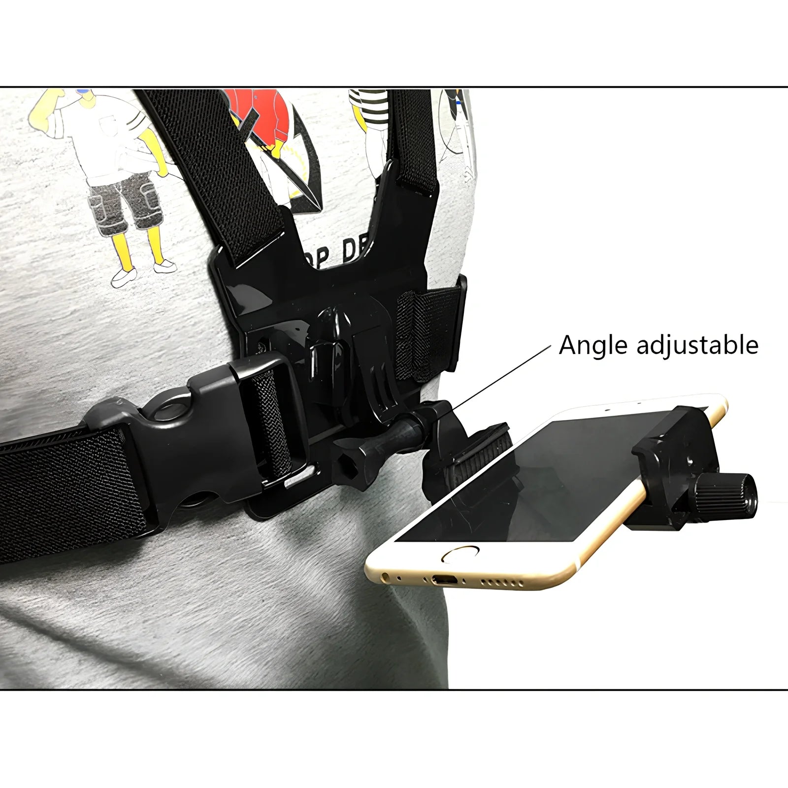 Black adjustable mobile phone chest mount harness with universal clip for 4-5.5 inch smartphones, 30x30cm size for outdoor activities