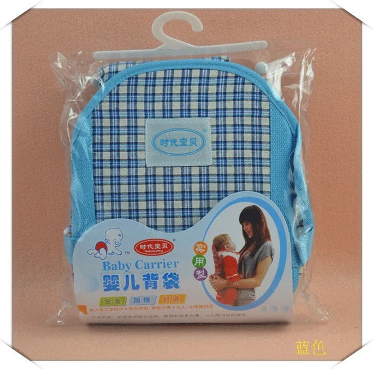 Multifunctional baby carrier in blue with double shoulder straps and backpack style.