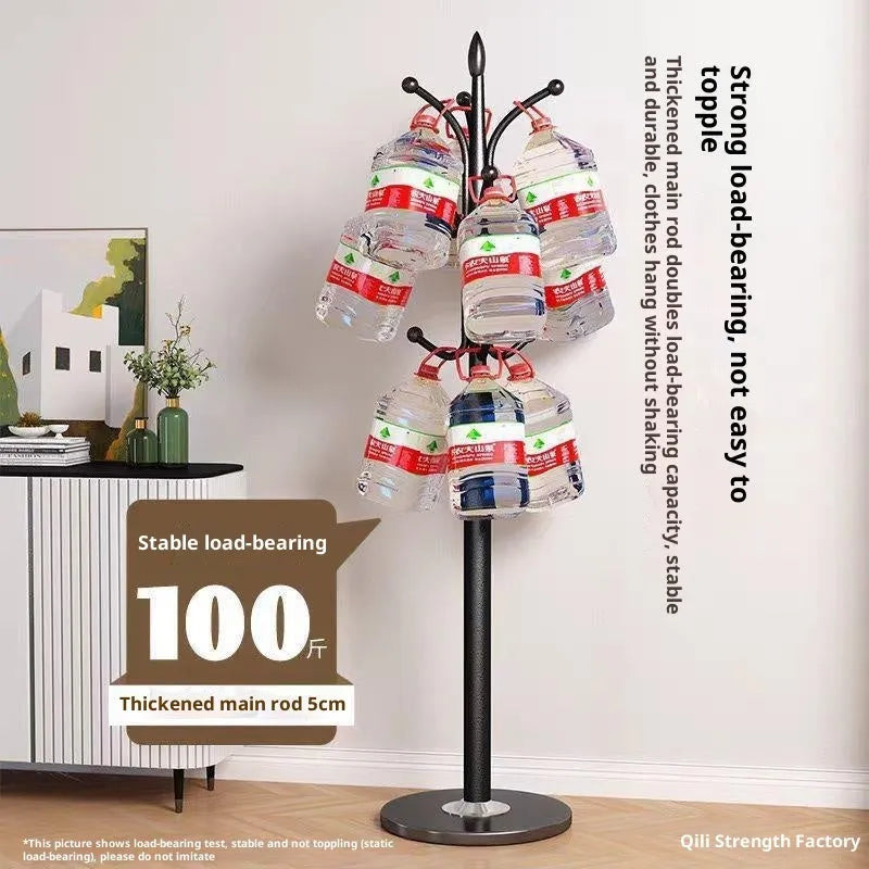 Floor-standing metal coat rack in black, vertical design for bedroom use, simple iron frame