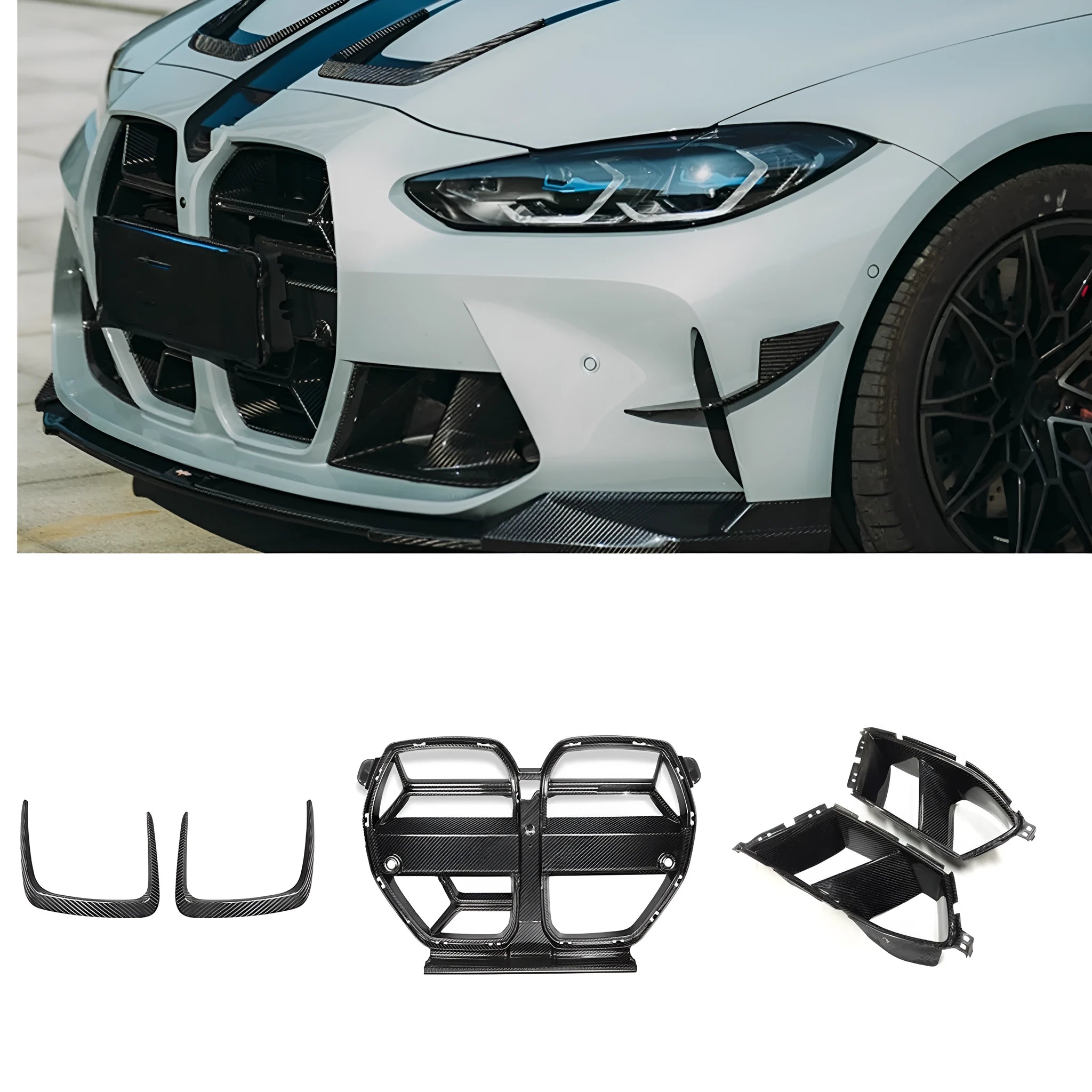 Dry carbon fibre front bumper grille for BMW M3 M4 G80 G82 with 3K weave pattern