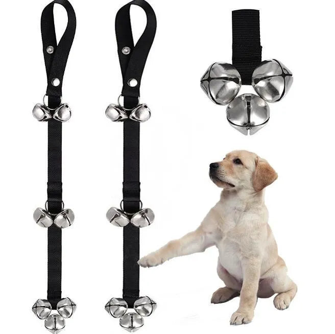 Dog training doorbell with black adjustable rope and bell, 85cm length, for housebreaking