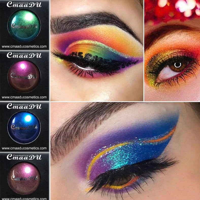 Chameleon Light Change Eyeshadow Palette showing colour transformations under different lighting conditions