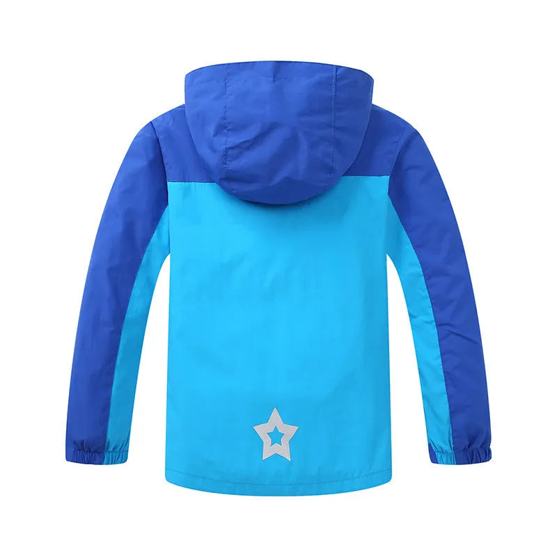 Boy wearing a blue zip-up sanded acetate jacket for autumn