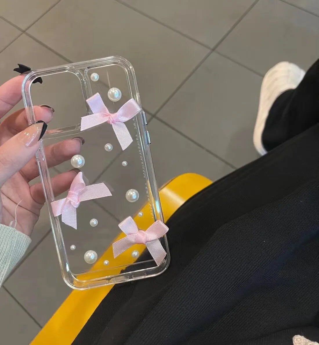 Pink transparent TPU phone case with three-dimensional pearl bow for iPhone 13 Pro Max