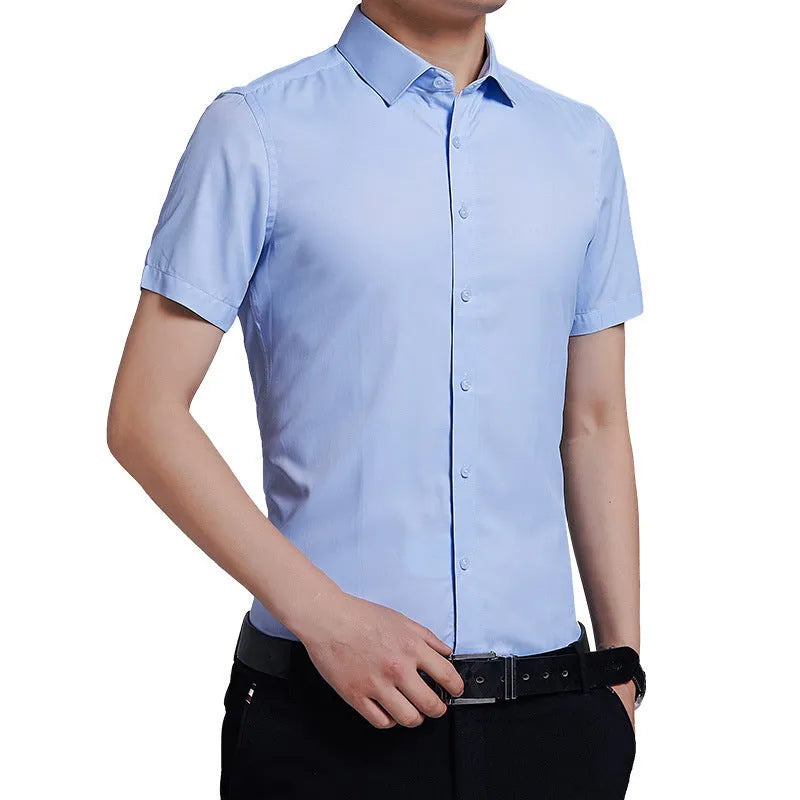 Men's solid colour non-iron short sleeve shirt in white, black, light blue, and pink, sizes M to 5XL