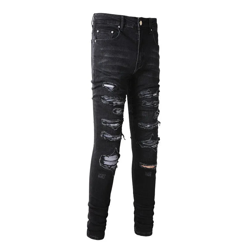 Slim fit black jeans for men, collated grey white dyed elastic denim, cotton 98% spandex 2%