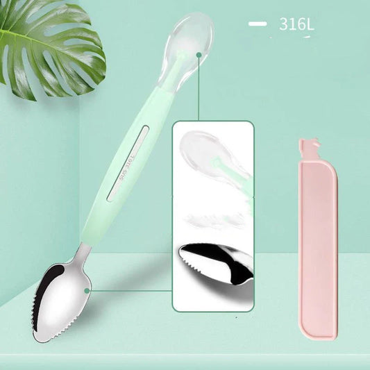 Stainless steel sawtooth scraping spoon for grapefruit and desserts in sky blue, cherry pink, and mint green