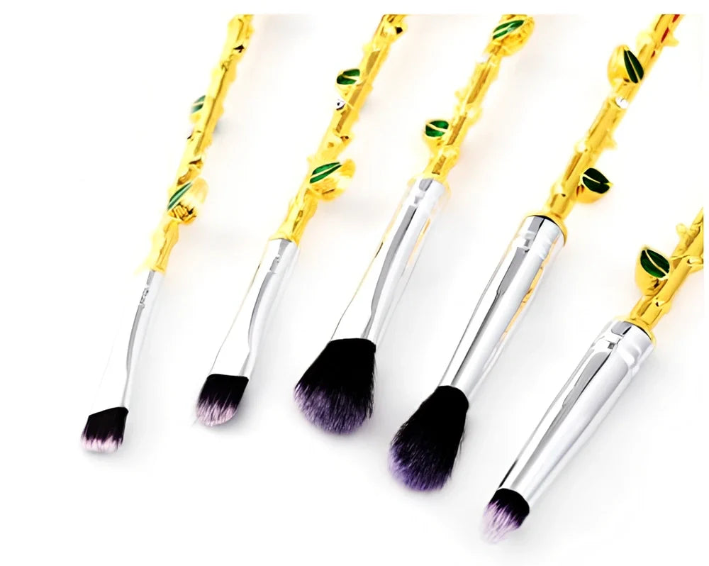 Beauty and the Beast themed makeup brush set in golden finish with 10 synthetic bristle brushes and storage case, 15-18 cm handles