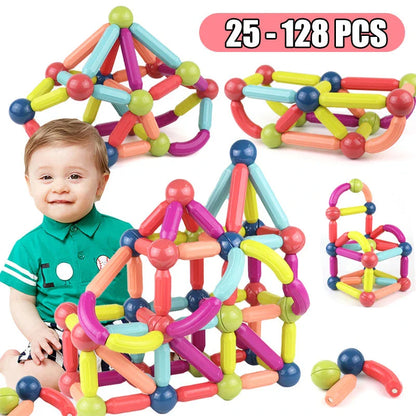 Magnetic building blocks and rods in various sizes and colors for creative play and early learning