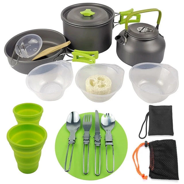 Lightweight folding outdoor cookware set including pot, pan, teapot, and tableware for camping and hiking