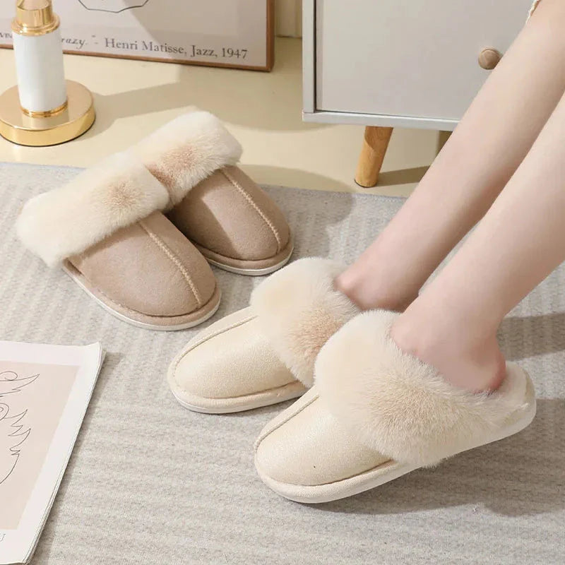 Cozy plush home slippers in a variety of colors, featuring a soft lining and non-slip sole for maximum comfort and traction