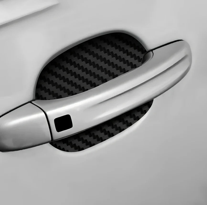4-piece black carbon fibre car door handle stickers, 8.5 cm x 6.8 cm, scratch protection for vehicles