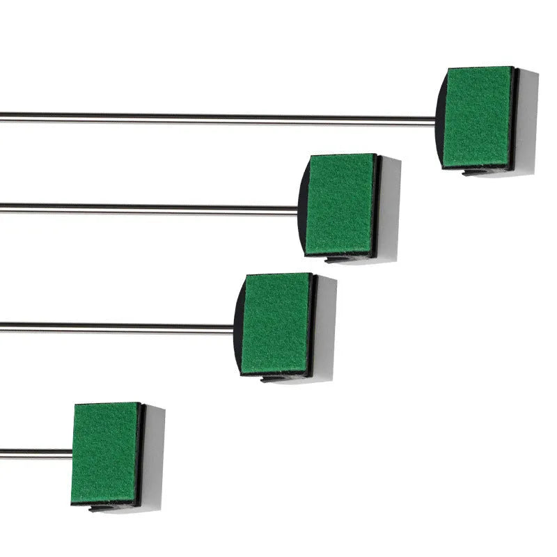 Fish tank cleaning brush with double-sided sponge and long stainless steel handle on a white background