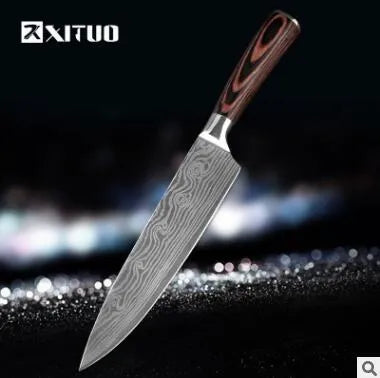 7Cr17 stainless steel kitchen knife with laser Damascus pattern on blade and colour wood handle