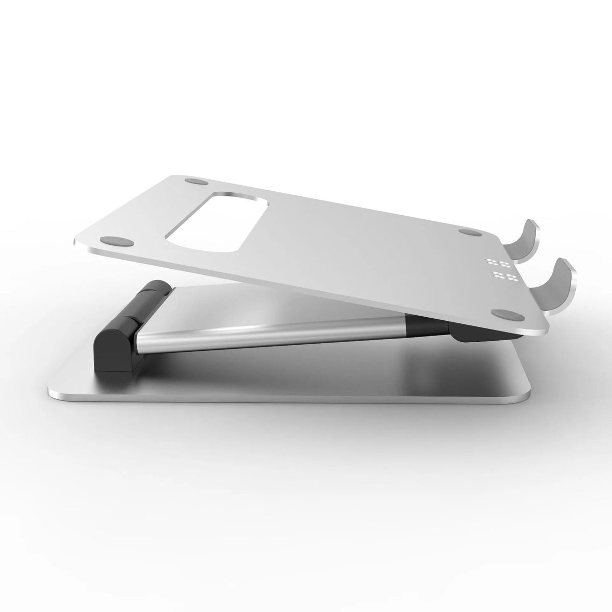 Silver folding double-arm stand for 17 inch notebook computer with aluminium alloy construction