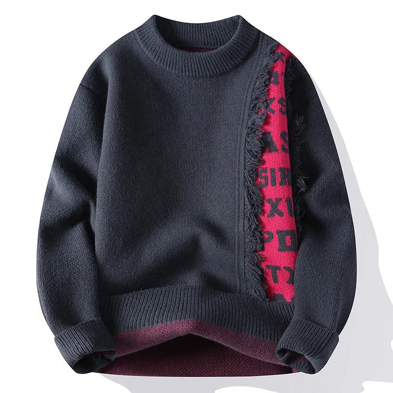 Men's loose-fit knitted pullover jumper in rabbit fur polyester blend, shown in black with a ribbed hemline.