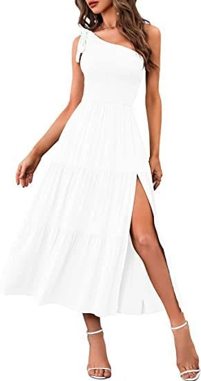 One-shoulder pleated dress with leg-revealing side slits in various colors