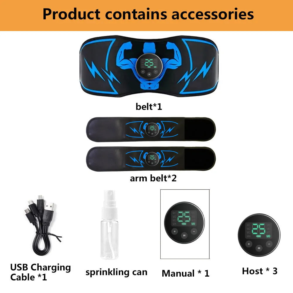 Blue rechargeable EMS abdominal stimulation belt with wireless remote control and arm stickers.