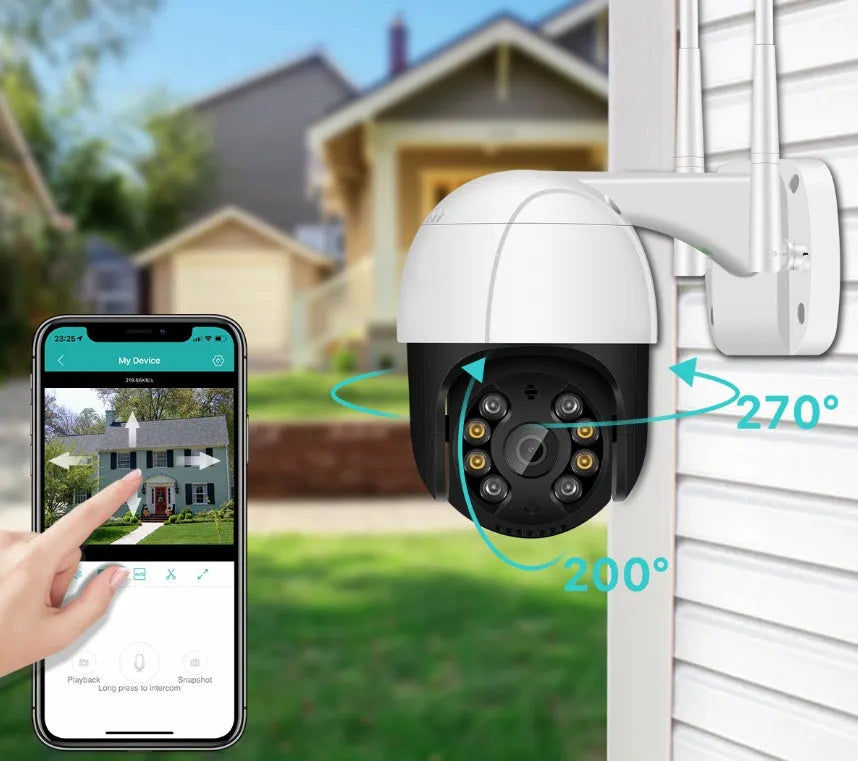 PTZ WiFi surveillance camera with dual antennas, 270° rotation, and night vision for indoor and outdoor use