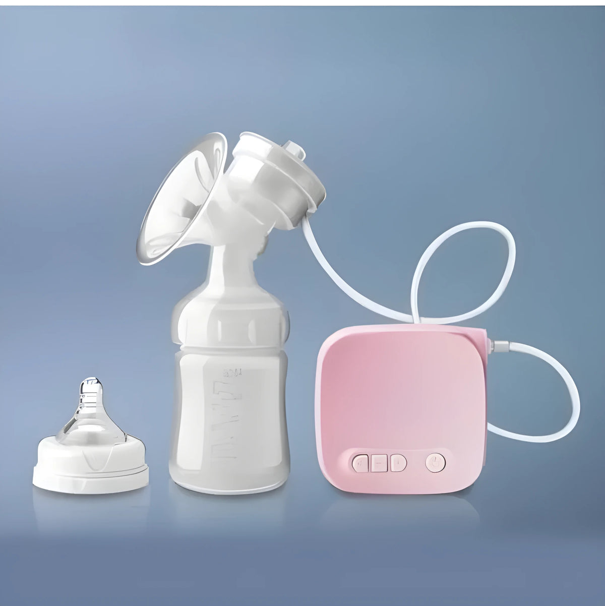 Electric breast pump kit with white 150ml PP bottle and silicone flange on a pink background