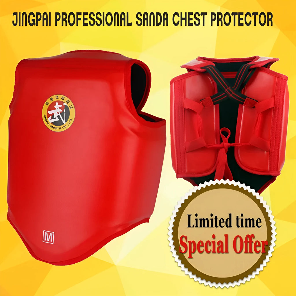 Red boxing helmet and one-piece chest protector set for training, shown in size medium.