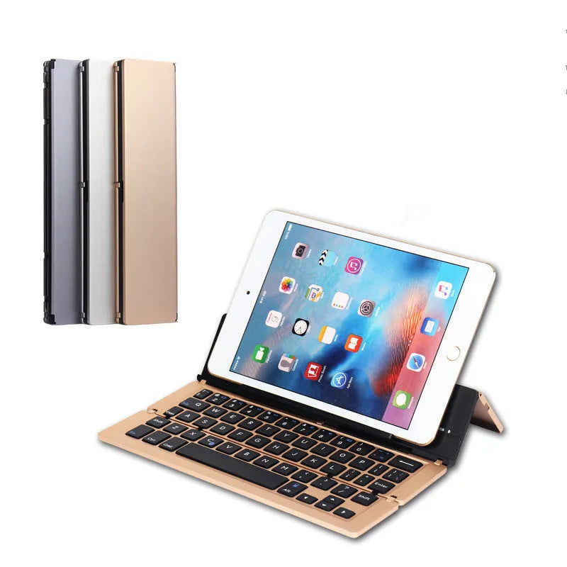 F18 three-fold folding Bluetooth keyboard in silvery finish, folded state, with aluminum alloy body