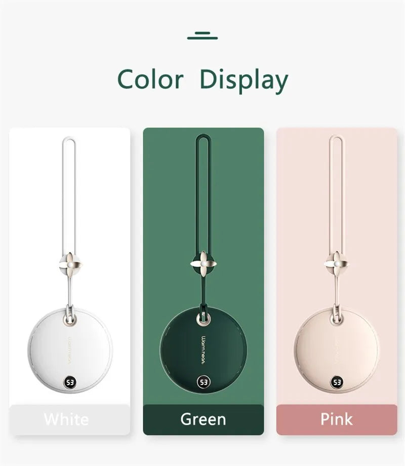 Green hand warmer power bank with digital display showing battery percentage