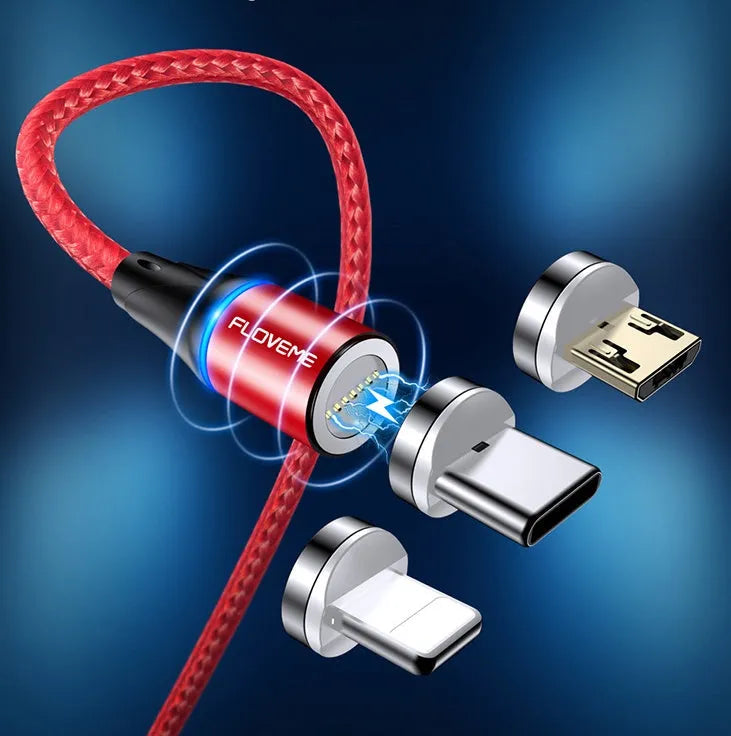 Black magnetic USB charging cable with LED light, compatible with Apple iPhone and Android phones